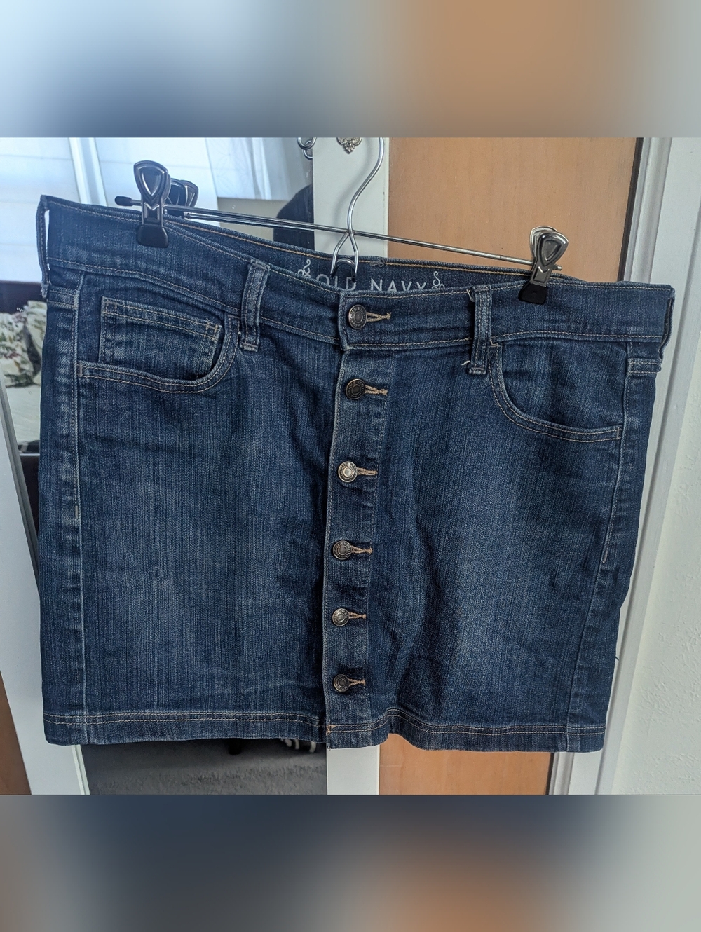 Old Navy Blue Denim Button-Front A-Line Mini Skirt - Picture 2 of 6